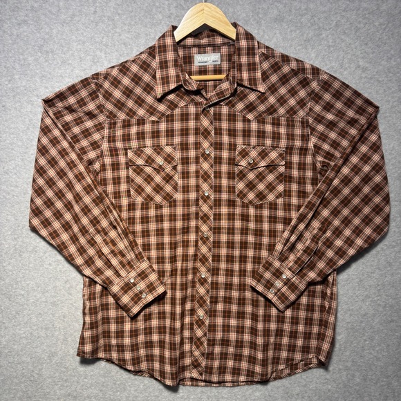 Wrangler Other - Wrangler Wrancher Mens XL Brown Plaid Western Pearl Snap Long Sleeve Shirt